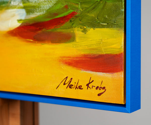 Moderne landskabsmaleri "Tidevand af Inspiration" – Abstrakt kunst med båd og huse
