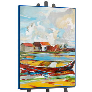 Moderne landskabsmaleri "Tidevand af Inspiration" – Abstrakt kunst med båd og huse