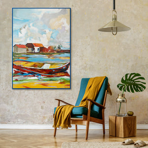Moderne landskabsmaleri "Tidevand af Inspiration" – Abstrakt kunst med båd og huse