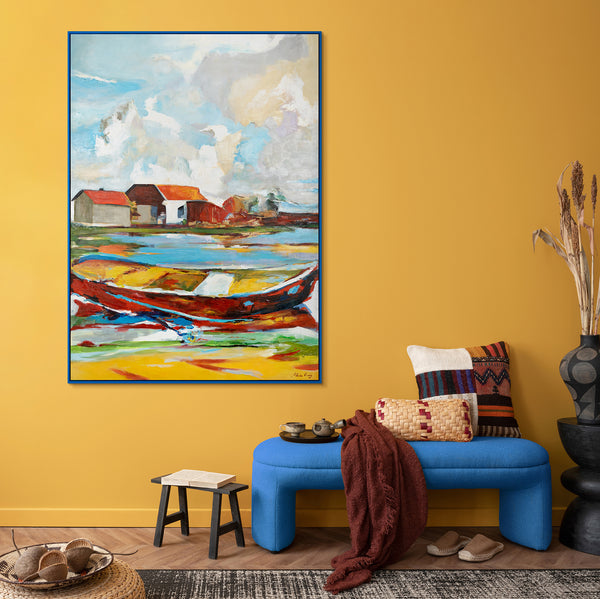Moderne landskabsmaleri "Tidevand af Inspiration" – Abstrakt kunst med båd og huse