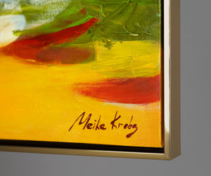 Moderne landskabsmaleri "Tidevand af Inspiration" – Abstrakt kunst med båd og huse