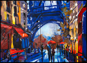 Moderne maleri med ramme til stuen "Paris gader" – Håndmalet bykunst