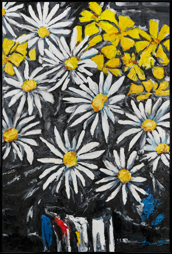 Originalt håndmalet acryl blomstermaleri med ramme "Snehvide Margueritter"