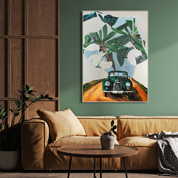 Originalt bilmaleri med palmer "Undervejs til Eventyr" moderne vægdekoration