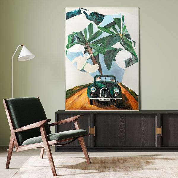 Originalt bilmaleri med palmer "Undervejs til Eventyr" moderne vægdekoration