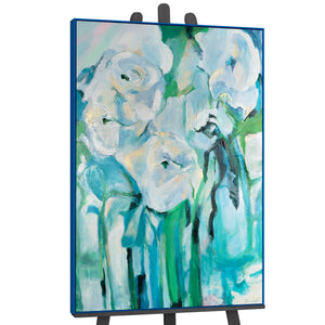 Håndmalet blomster maleri i blå og grønne toner – Elegant væg kunst til hjemmet