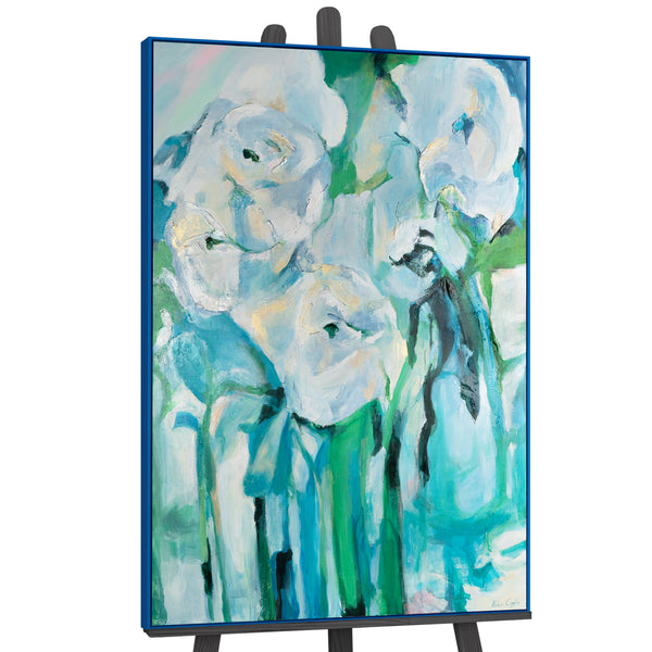 Håndmalet blomster maleri i blå og grønne toner – Elegant væg kunst til hjemmet