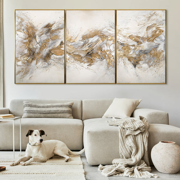 Abstrakt kunstværk i 3 dele "Funklende nuancer" med guldrammer