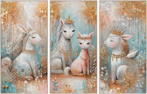 Triptyykki kankaalle „Satumaiset Olennot“ – kolmiosainen lastenhuoneen seinätaulu 240x120 cm