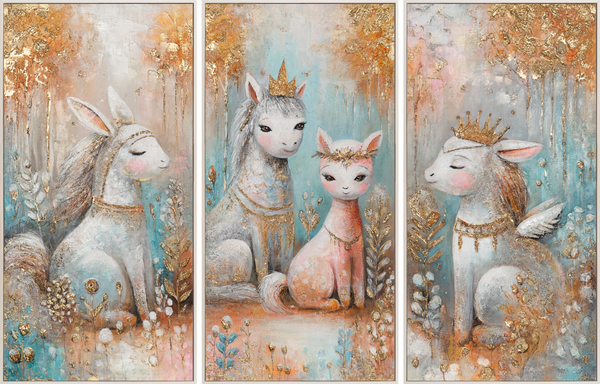Triptyykki kankaalle „Satumaiset Olennot“ – kolmiosainen lastenhuoneen seinätaulu 240x120 cm
