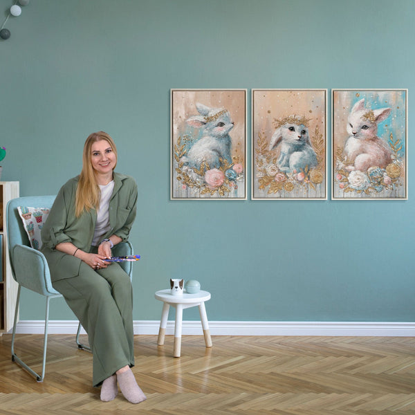 Originalt akryl triptykon „Skovbørn“ – maleri til børn på lærred 180x120cm