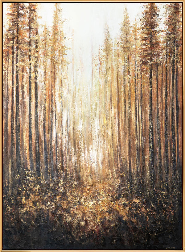 Handgeschilderd Acryl schilderij "Gouden Bos" – Wanddecoratie met gouden lijst