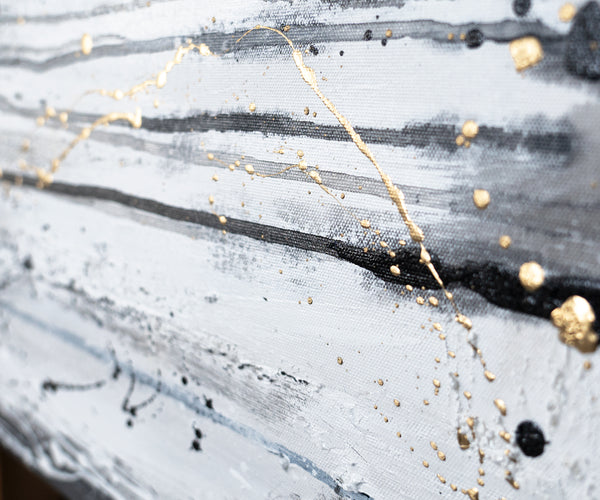 Moderne vægkunst på lærred "Energiens linjer" i sort hvid og guld