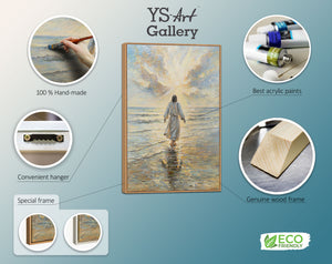 Håndmalet religiøst billede moderne kunst „Vejen til Lyset“ – kunst på lærred med Jesus ved havet