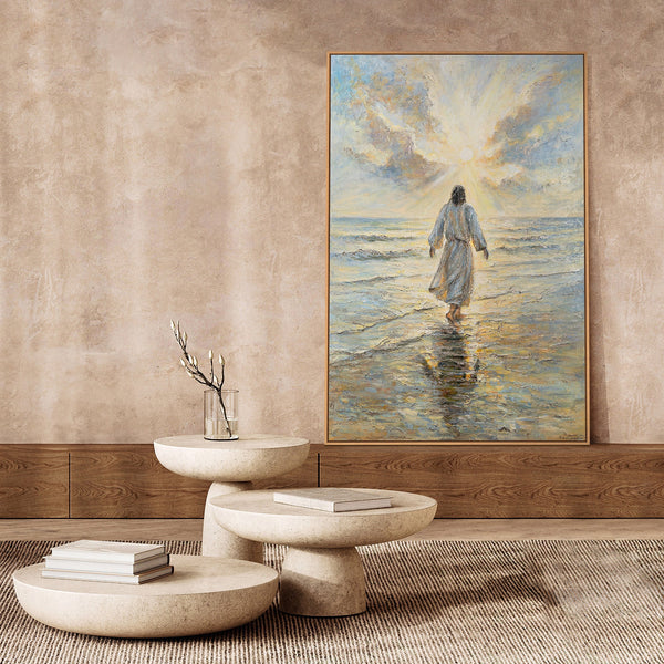 Håndmalet religiøst billede moderne kunst „Vejen til Lyset“ – kunst på lærred med Jesus ved havet