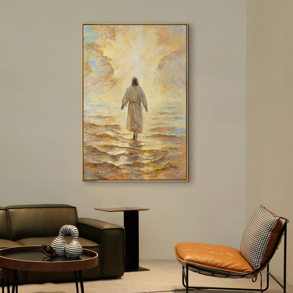 Håndmalet religiøst billede moderne kunst „Troens Strålestyrke“ – kunst på lærred med Kristus ved havet