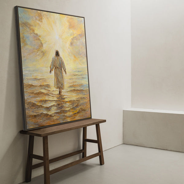 Håndmalet religiøst billede moderne kunst „Troens Strålestyrke“ – kunst på lærred med Kristus ved havet