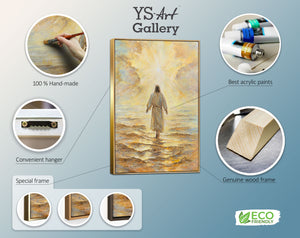 Håndmalet religiøst billede moderne kunst „Troens Strålestyrke“ – kunst på lærred med Kristus ved havet