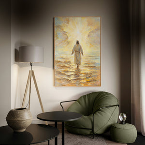 Håndmalet religiøst billede moderne kunst „Troens Strålestyrke“ – kunst på lærred med Kristus ved havet