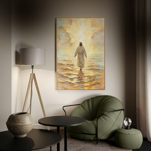 Håndmalet religiøst billede moderne kunst „Troens Strålestyrke“ – kunst på lærred med Kristus ved havet