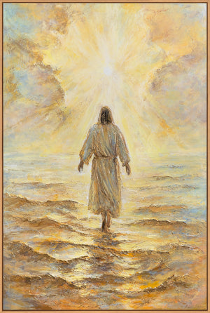 Håndmalet religiøst billede moderne kunst „Troens Strålestyrke“ – kunst på lærred med Kristus ved havet