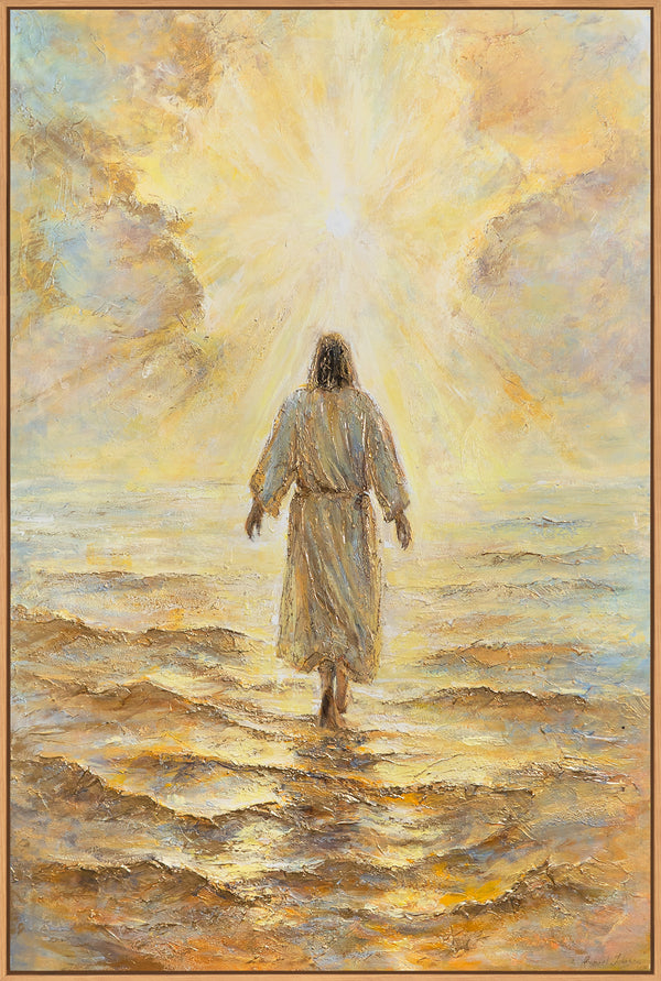 Håndmalet religiøst billede moderne kunst „Troens Strålestyrke“ – kunst på lærred med Kristus ved havet