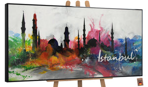 Håndmalet akryl maleri med ramme "Istanbul" abstrakt bybillede