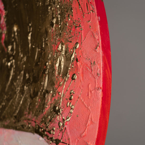 Rundt efterlysende maleri "Gylden glød" – Klassisk vægkunst med guld og rød