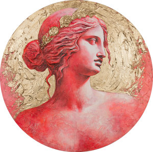 Rundt efterlysende maleri "Gylden glød" – Klassisk vægkunst med guld og rød