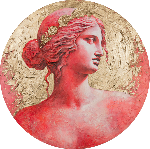 Rundt efterlysende maleri "Gylden glød" – Klassisk vægkunst med guld og rød