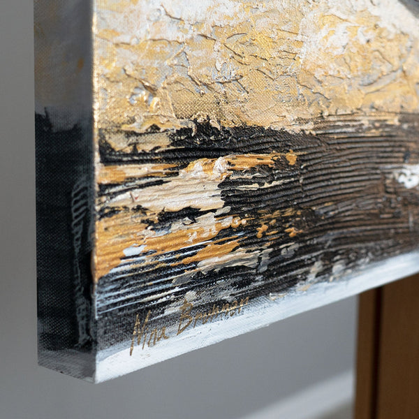 Abstrakt akrylmaleri "Gyldne Fjer" moderne vægkunst håndmalet 115x50cm