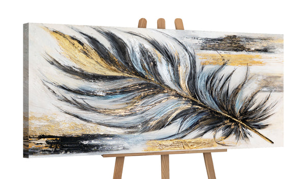 Abstrakt akrylmaleri "Gyldne Fjer" moderne vægkunst håndmalet 115x50cm