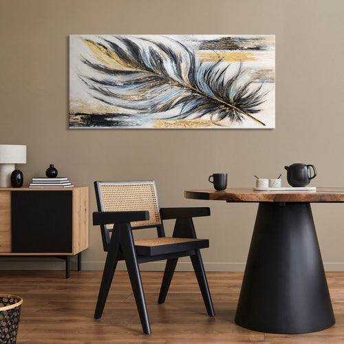Abstrakt akrylmaleri "Gyldne Fjer" moderne vægkunst håndmalet 115x50cm