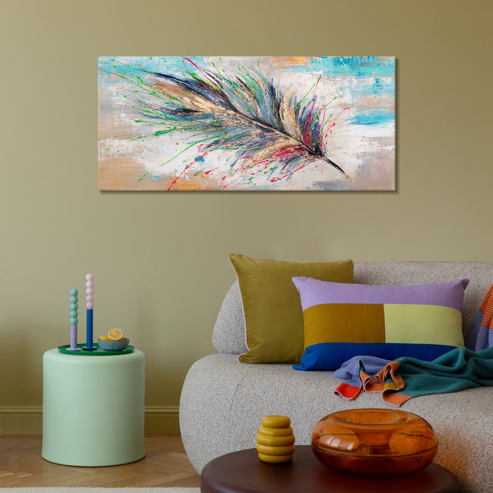 Håndmalet akrylmaleri på lærred "Lysende fjer" 115x50cm