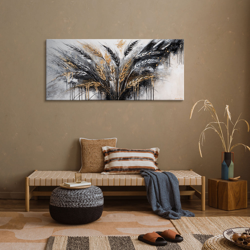 Håndmalet akrylmaleri på lærred med guldaks "Stikkende" 115x50cm