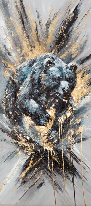 Håndmalet abstrakt akrylmaleri "Dyrisk Kraft" med bjørn på lærred 115x50 cm