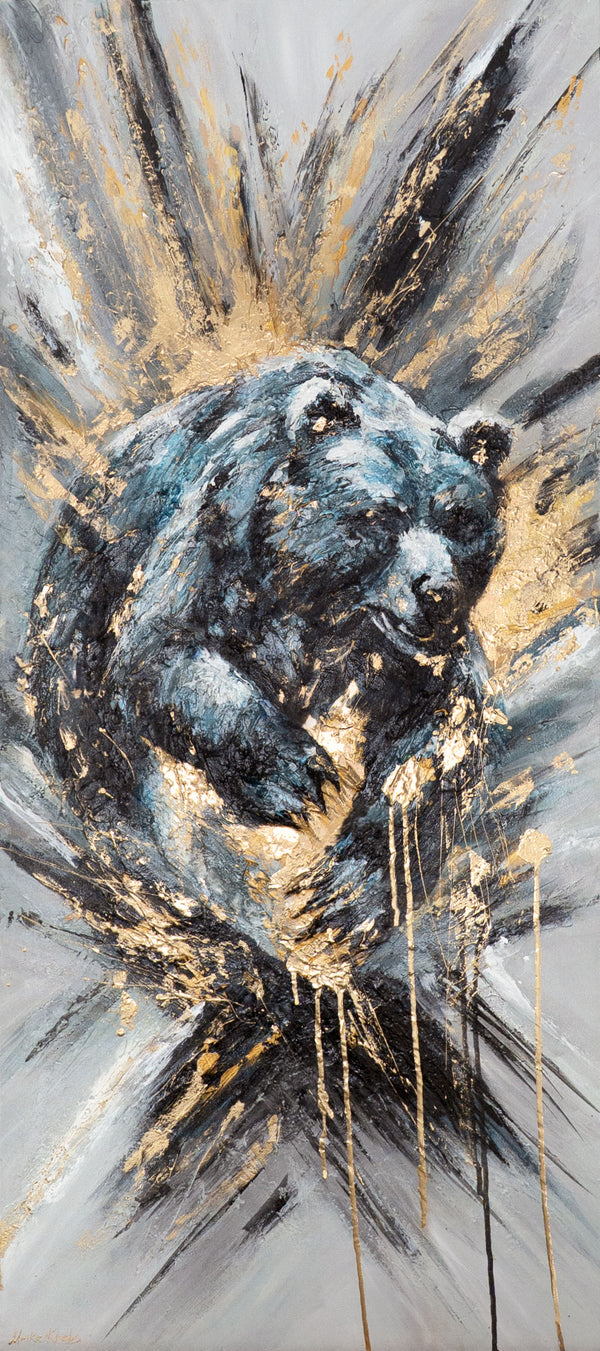 Håndmalet abstrakt akrylmaleri "Dyrisk Kraft" med bjørn på lærred 115x50 cm