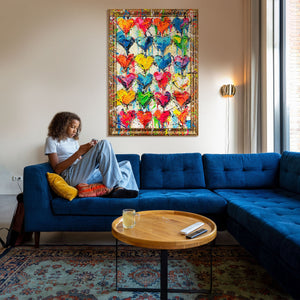 Stort abstrakt farverigt maleri til væg med ramme "Kærlighedens Palette"