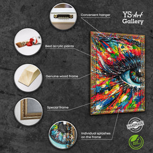 Stort abstrakt farverigt maleri med ramme "Energien i blikket"