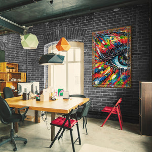 Stort abstrakt farverigt maleri med ramme "Energien i blikket"