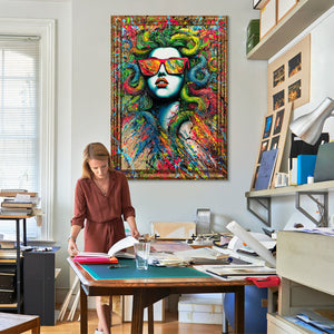 Abstrakt moderne kunst på lærred med ramme "Neonmyten"