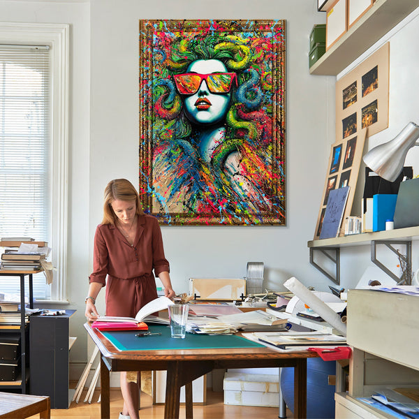 Abstrakt moderne kunst på lærred med ramme "Neonmyten"