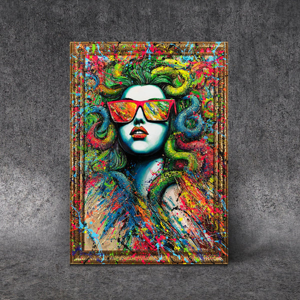 Abstrakt moderne kunst på lærred med ramme "Neonmyten"