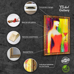 Håndmalet farverigt maleri "Kvinden med glasset" på lærred med ramme