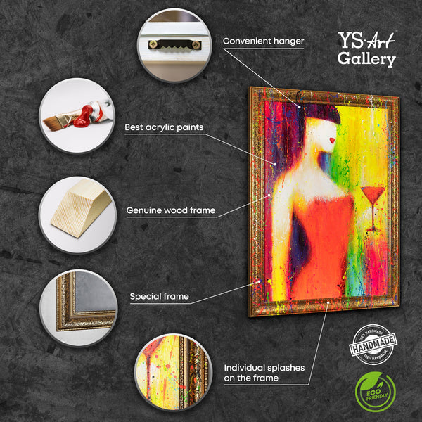 Håndmalet farverigt maleri "Kvinden med glasset" på lærred med ramme
