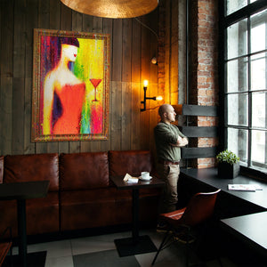 Håndmalet farverigt maleri "Kvinden med glasset" på lærred med ramme