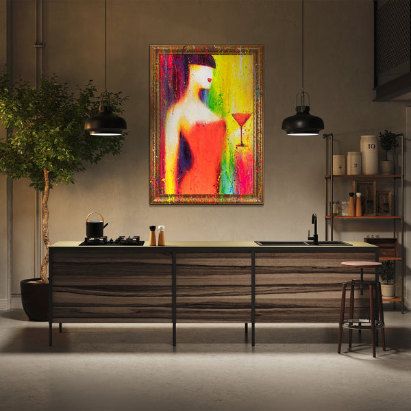 Håndmalet farverigt maleri "Kvinden med glasset" på lærred med ramme