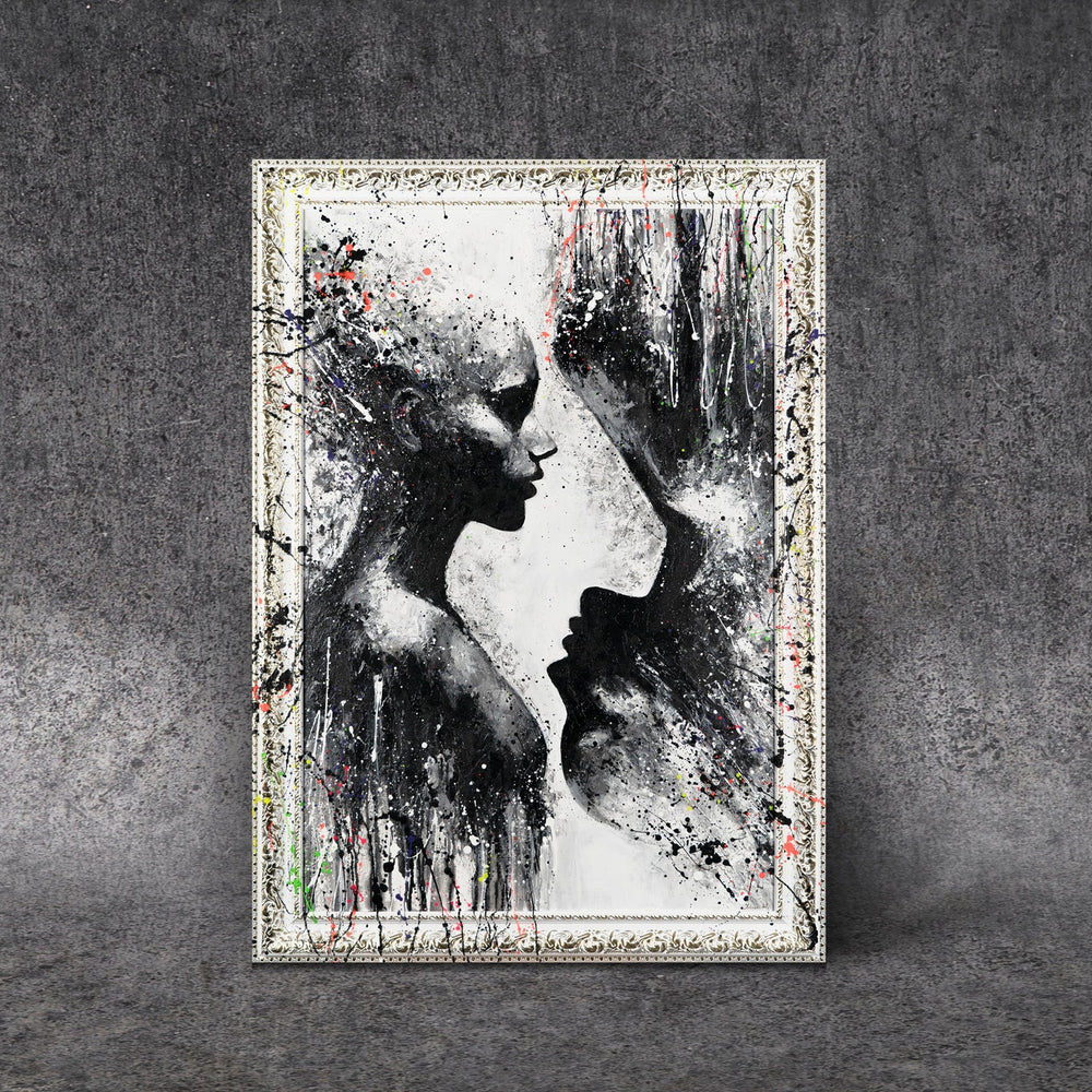 Moderne abstrakte maleri til stuen på lærred med ramme "Skyggernes møde"