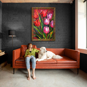 Blomsterbillede med ramme – Abstrakte tulipaner på lærred „Forårsnoder“