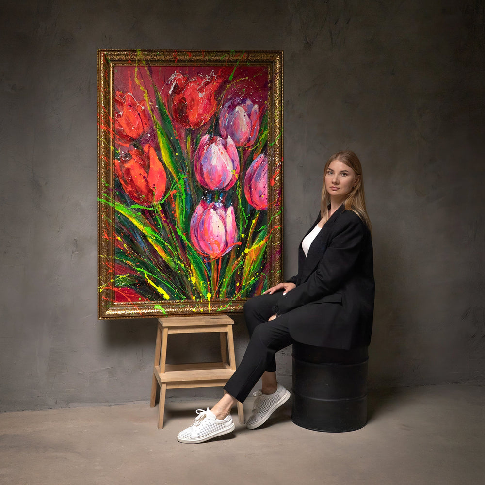 Blomsterbillede med ramme – Abstrakte tulipaner på lærred „Forårsnoder“